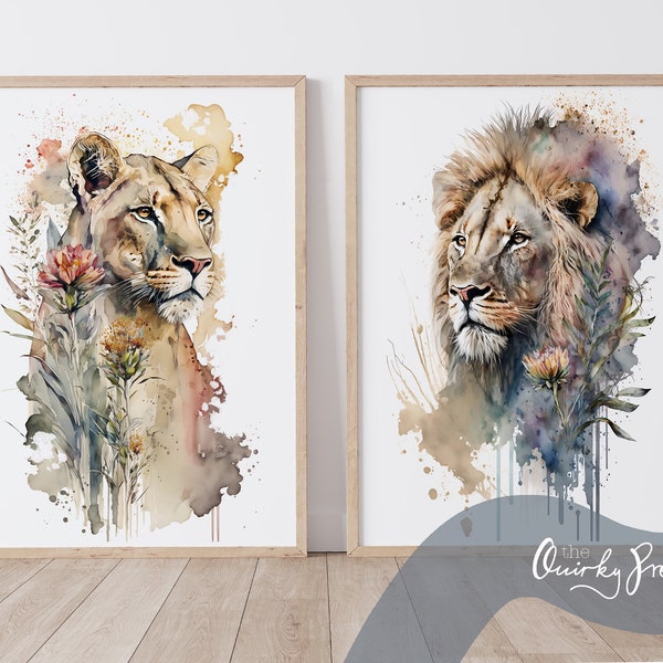 Lion Lioness print, Watercolour, Digital Download, Home decor, Animal Art, AI, South Africa Art, Wildlife, African, Lion print, Lioness