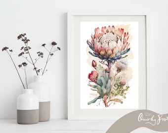 Protea Flower Watercolor Print: Blush Pink Floral Art (Digital Download)