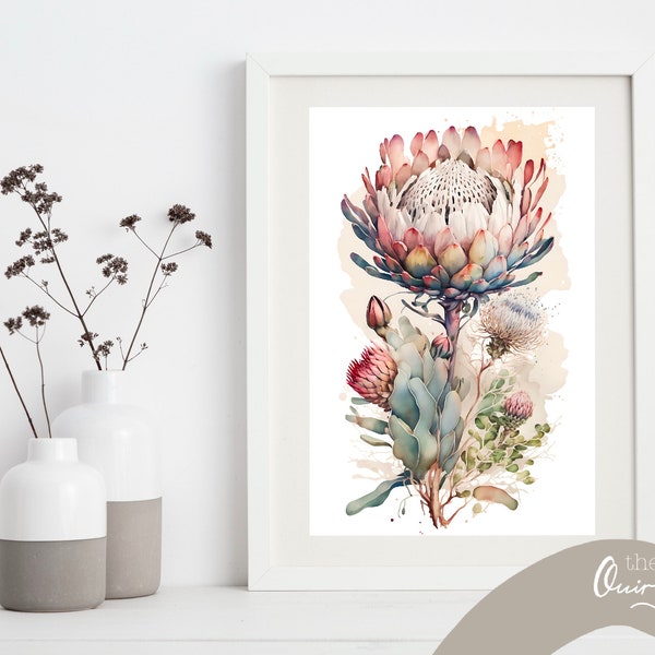 Protea watercolour, Digital Download,Bedroom Decor, Blush Pink Print, Protea Flower,Poster,Prints,Wall Decor,Floral Art, AI, midjourney, SA