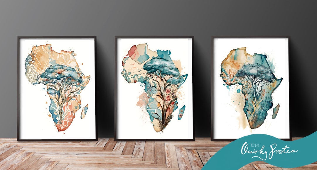 Set of 3 Africa Maps, Watercolour, Digital Download, Wall Decor, South