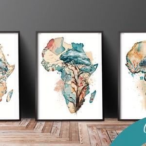Set van 3 Afrika-kaarten, aquarel, digitale download, wanddecoratie, Zuid-Afrika, Afrika, clipart, kaartillustratie, wereld, AI