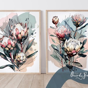 Protea Prints, Proteas, Watercolour Illustration, Clipart style, Digital, Home Decor, South Africa, Cape Town, Australia, Flower Art, AI,