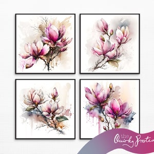 May include: Set of four watercolour paintings featuring pink magnolia flowers with a soft, abstract background. Each painting showcases a different arrangement of the flowers, creating a delicate and romantic aesthetic.