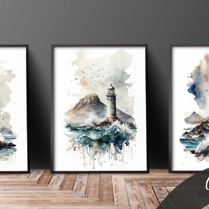 Leuchtturm Print Aquarell, 3er Set, digitaler Download, Wanddeko, südafrikanisch, Ozean, Clipart, Capet Town, Australia, Beach life, AI