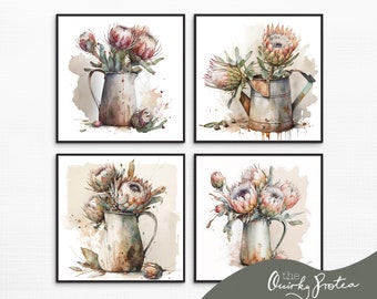 Protea Flower Watercolor Print Set: Blush Pink Floral Art (Digital Download)