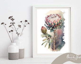 Protea Flower Watercolor Print: Blush Pink Floral Art (Digital Download)