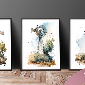 Set of 3 South African Windpomp watercolour, Digital Download, Wall Decor, Mugs, AI, South African, Karoo, mothersday