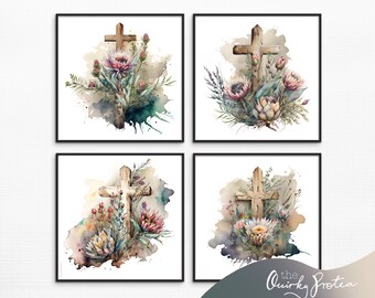 May include: Set of four watercolor prints featuring a wooden cross with a floral arrangement of protea flowers, eucalyptus, and other greenery. The prints have a watercolor background with splashes of color.