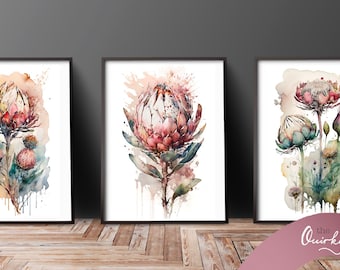 ブラッシュピンクのプロテア水彩画：オーストラリアの花の芸術（デジタルダウンロード）