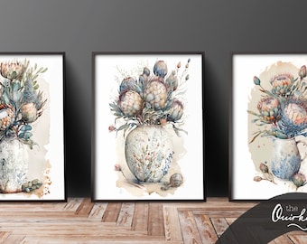 Protea Flower Prints Set: Blush Pink Watercolor Art (Digital Download)