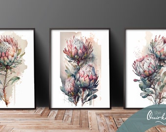 Set of 3 Blush Pink Protea Prints: Watercolor Floral Art (Digital Download)