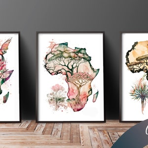 Acuarela de mapas africanos, Descarga digital, Decoración de pared, Sudafricano, Diseño Protea, Imágenes Prediseñadas, Ilustración de mapas, Arte africano, IA