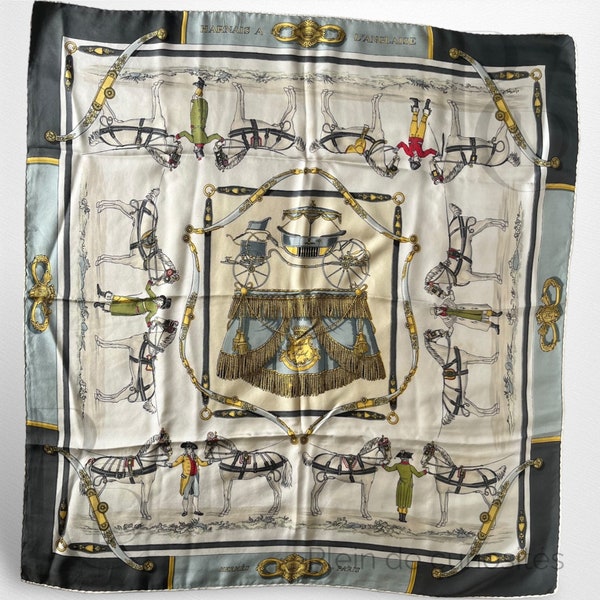 Hermès - carré de soie 90 x 90 - "Harnais à l'anglaise" par Hugo Grygkar - Vintage