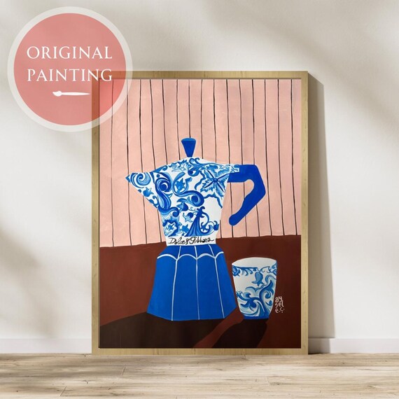 Hand-painted Italian Blue Coffee Pot Art - A3 Size, Acrylic 