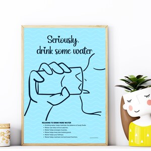 Plakat „Pij wodę” – przypomnienie o piciu wody, aby zachować nawodnienie – plakat na ścianę do kuchni – prezent dla dietetyka – naprawdę pij więcej wody