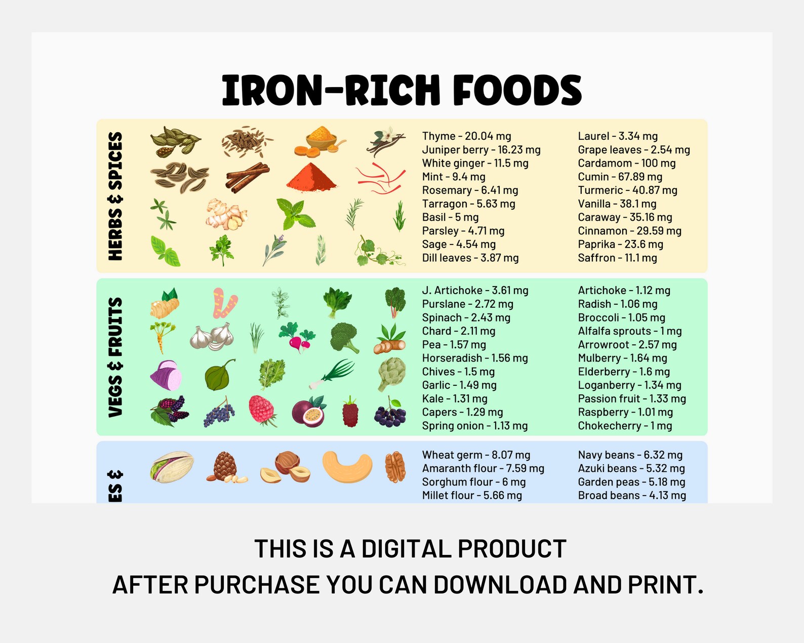 Iron rich Foods Poster Iron Food Guide Nutrition Poster Foods For Iron Deficiency Grocery List