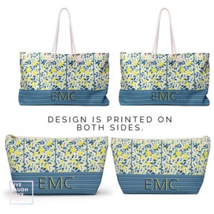 May include: Four bags and pouches with a lemon and leaf pattern. The bags have white rope handles and a blue stripe with the initials "EMC". The text "DESIGN IS PRINTED ON BOTH SIDES" is also visible.