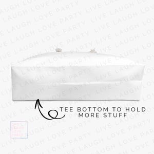 May include: A white gift bag with a rectangular shape. The bag has a folded top and two small decorative elements. Text on the image reads "TEE BOTTOM TO HOLD MORE STUFF".