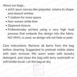 May include: Text on a white background describes the features of a bag. The text includes details about the material, construction, and care instructions. The bag is made of spun canvas-like polyester and has a zippered closure.
