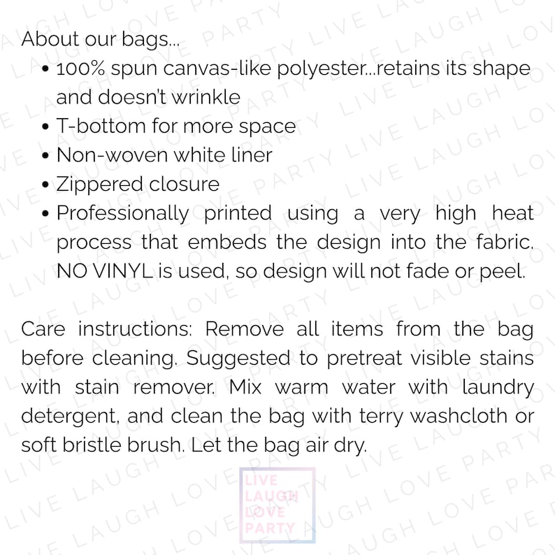 May include: Text on a white background describes the features of a bag. The text includes details about the material, construction, and care instructions. The bag is made of spun canvas-like polyester and has a zippered closure.