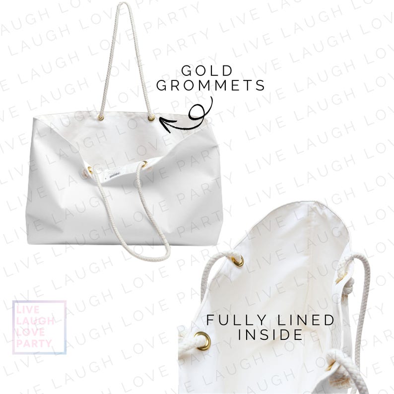 May include: White tote bag with rope handles and gold grommets. The bag is fully lined inside. The text "Live Laugh Love Party" is visible in the background.