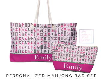 Personalized Mahjong Weekender Bag Set: Pink & Green Travel Tote