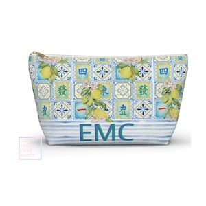 A custom tote with a chinoiserie inspired lemon blue and yellow pattern. With subtle blue and yellow mahjong tiles in the background of the pattern, this is the perfect gift for mahjong lovers, bridesmaids, or anyone who loves a vintage chinoiserie vibe.