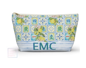 Bolsa de tela con fichas de Mahjong y monograma: estampado chinoiserie de limones