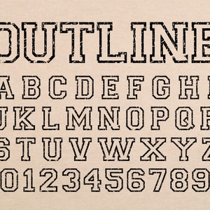 Outline-Schrift Hollow-Schrift Outline-Schrift Distressed Varsity-Schrift Distressed-Schrift College-Schrift Umriss-Buchstaben-Monogramm-Schrift TTF SVG für Cricut