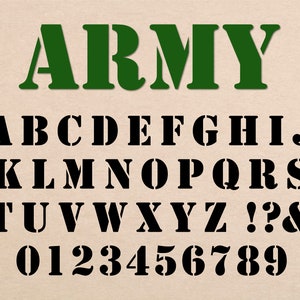 May include: Black and green stencil font alphabet with the word "ARMY" in green at the top. The alphabet includes uppercase letters, numbers, and punctuation marks.