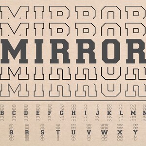 Może przedstawiać: Alfabet czcionki do projektowania graficznego ze słowem "MIRROR" w pogrubionych, czarnych literach. Czcionka ma pogrubiony, blokowy styl z vintage'owym charakterem. Litery są obwiedzione czarną linią, a tło jest jasnobrązowe.
