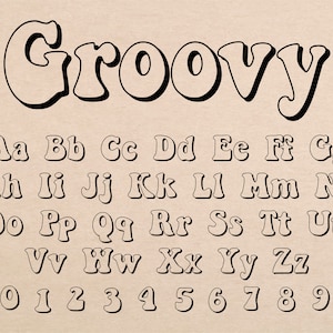 May include: A groovy font alphabet in black with a white outline. The letters are styled with a rounded, bubble-like shape. The alphabet includes uppercase and lowercase letters, as well as numbers 0-9.