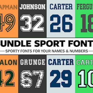 May include: A graphic showcasing various sport fonts with names and numbers. The image features the names Chapman, Johnson, Carter, Ferguson, Avalon, and Grunge, each paired with a number. The text "BUNDLE SPORT FONTS" is prominently displayed.