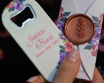 Elegante huwelijksbedankje - magnetische flesopener, gepersonaliseerd cadeau voor gasten, op maat gemaakte gunsten - uniek cadeau-idee, gepersonaliseerd huwelijkscadeau
