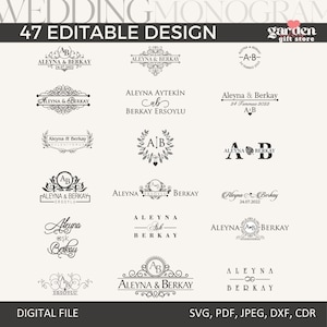 Pode incluir: Uma coleção de 47 designs de monograma de casamento editáveis em preto e branco. Os designs apresentam vários estilos, incluindo floral, script e minimalista. O texto "47 Editable Design" está no topo da imagem. O texto "SVG, PDF, JPEG, DXF, CDR" está na parte inferior da imagem.