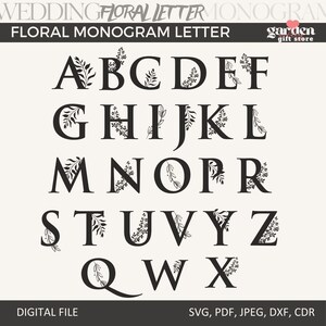 Paquete SVG de monograma de alfabeto floral A-Z: elegante conjunto SVG y PNG de monograma dividido, descarga instantánea para manualidades y bodas únicas.