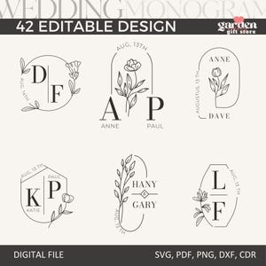 Puede incluir: Una colección de 42 diseños de monogramas de boda editables en blanco y negro. Cada diseño presenta iniciales, nombres y elementos florales o botánicos. Los diseños están disponibles como archivos digitales en SVG, PDF, PNG, DXF y CDR.