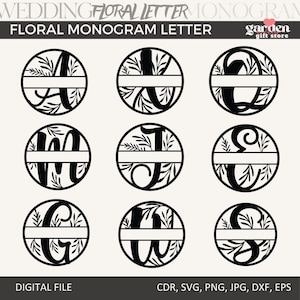 Puede incluir: Letras de monograma floral en blanco y negro A, K, Q, M, J, S, G, W y S, cada una dentro de un marco circular. Las letras están estilizadas con elementos florales y una barra horizontal. Las palabras "WEDDING FLORAL LETTER MONOGRAM" y "FLORAL MONOGRAM LETTER" están en la parte superior.