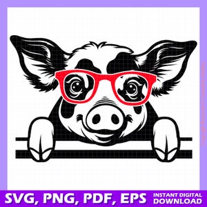 Maiale SVG, Clipart di animali da fattoria, Maiale divertente con gli occhiali, Vettore di vita in fattoria, Design rustico di maialino per Cricut, Logo di Barnyard Art