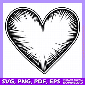 May include: A black and white illustration of a heart with a radiating pattern. The heart is outlined in black and has a white interior.