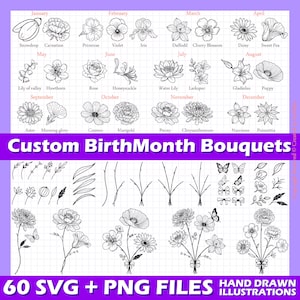 Geburtsmonat Blumen-Svg-Bundle, Geburtstagssträuße svg, Blumenstrauß-Svg, Botanische svg, Blumen-Svg, Rose-Svg, Gänseblümchen-Svg, Mohn-Svg