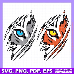 Può includere: Due occhi di tigre con bordi strappati. Un occhio è blu e l'altro è giallo. Gli occhi sono su uno sfondo bianco.