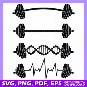 May include: Three black and white barbell designs with different elements. The first barbell has a curved bar, the second has a straight bar, the third has a DNA strand, and the fourth has a heart rate line.