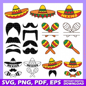 May include: A set of 10 digital clipart images featuring a sombrero, mustache, maracas, and the word "Mexico". The images are in black and white and color.