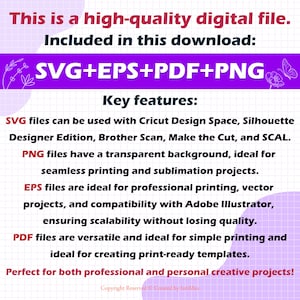 Puede incluir: Un gr&aacute;fico de descarga de archivos digitales con el texto "SVG+EPS+PDF+PNG" en letras grandes y en negrita. El texto "Caracter&iacute;sticas clave" est&aacute; debajo de los tipos de archivos. El gr&aacute;fico enumera las caracter&iacute;sticas de cada tipo de archivo, incluida la compatibilidad con Cricut Design Space, Silhouette Designer Edition, Brother Scan, Make the Cut y SCAL.