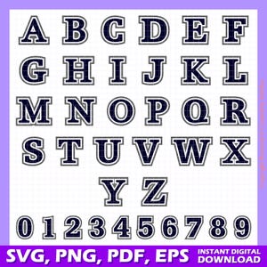 May include: A complete alphabet and number set in a collegiate style. Each letter and number is navy blue with a gray border. The letters and numbers are displayed on a grid background. The bottom of the image includes the text "SVG, PNG, PDF, EPS" and "INSTANT DIGITAL DOWNLOAD."