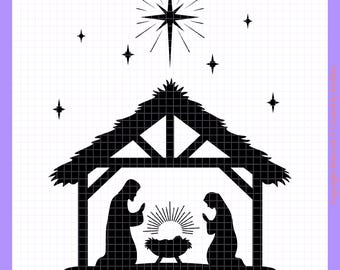 May include: Black and white silhouette of the nativity scene with a star above the manger. The scene includes Mary, Joseph, and baby Jesus in the manger.