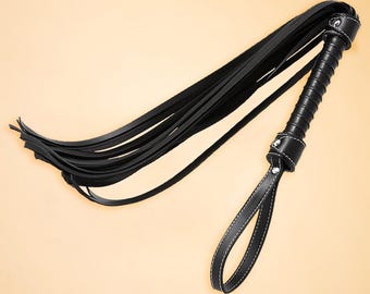 Handmade Black Faux Leather Whip with White Stitching