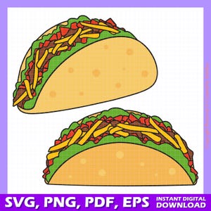 May include: Two cartoon illustrations of a yellow taco with green lettuce, brown meat, and yellow cheese. The tacos are in different positions, one is upright and the other is laying down.