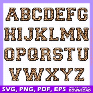May include: Leopard print alphabet letters in a varsity style font. The letters are black outlined and filled with a brown and tan leopard print pattern. The letters are arranged in three rows, A-G, H-N, O-Z.
